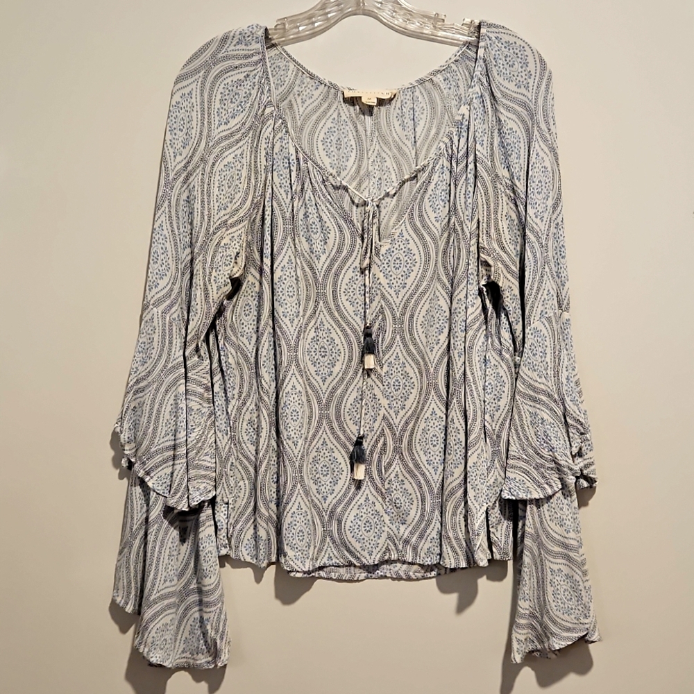 LOVESTITCH Blue white graphics tassel drawstring neckline Tiered Bell Sleeves Md - Picture 3 of 8